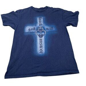 Vintage Christian Cross Shirt Mens XL Navy God Will Answer Jesus Religious Tee